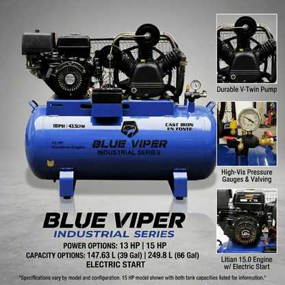 15HP & 13 HP Gas Air Compressor with Electric Start – 66 & 39 Gallon Tank Options | Heavy - Duty Portable Unit - Furniture with 39 Gal / 147.63L – Electric Start + Clutch (Model 4013H) | Sold by Uncle Wiener's Wholesale