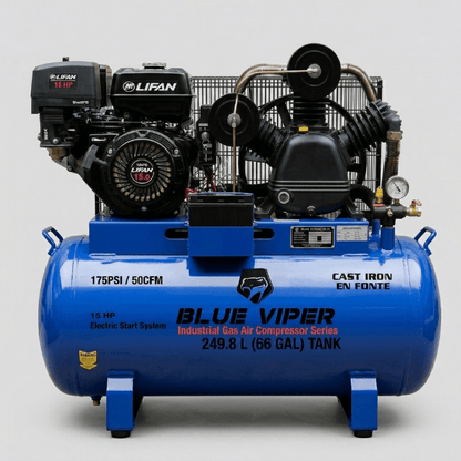 15HP & 13 HP Gas Air Compressor with Electric Start – 66 & 39 Gallon Tank Options | Heavy - Duty Portable Unit - Furniture with 66 Gal / 249.8L – Electric Start + Clutch (Model 6615H) | Sold by Uncle Wiener's Wholesale