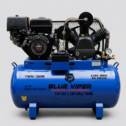 15HP & 13 HP Gas Air Compressor with Electric Start – 66 & 39 Gallon Tank Options | Heavy - Duty Portable Unit - Furniture with 39 Gal / 147.63L – Electric Start + Clutch (Model 4013H) | Sold by Uncle Wiener's Wholesale