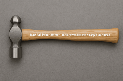 16 oz ball pein hammer with wooden hickory handle

Forged steel head hammer for machinists and metalworkers

Side view of dual-end ball peen hammer

Heavy-duty metalworking hammer with ergonomic handle

Flat and rounded head hammer tool on white background