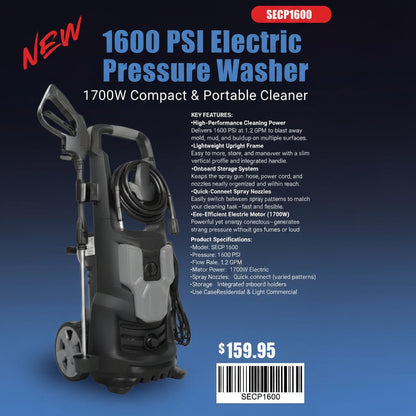 1600 PSI Electric Pressure Washer – 1700W Compact & Portable Cleaner SECP1600 - Furniture with | Sold by Uncle Wiener's Wholesale