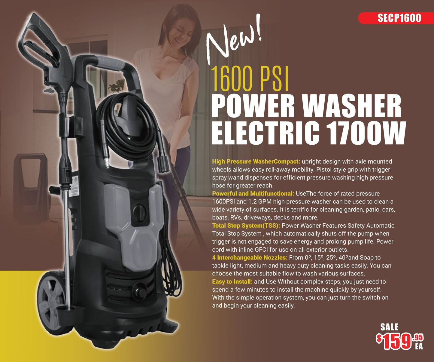 1600 PSI Electric Pressure Washer – 1700W Compact & Portable Cleaner SECP1600 - Furniture with | Sold by Uncle Wiener's Wholesale
