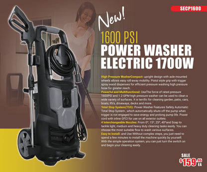 1600 PSI Electric Pressure Washer – 1700W Compact & Portable Cleaner SECP1600 - Furniture with | Sold by Uncle Wiener's Wholesale