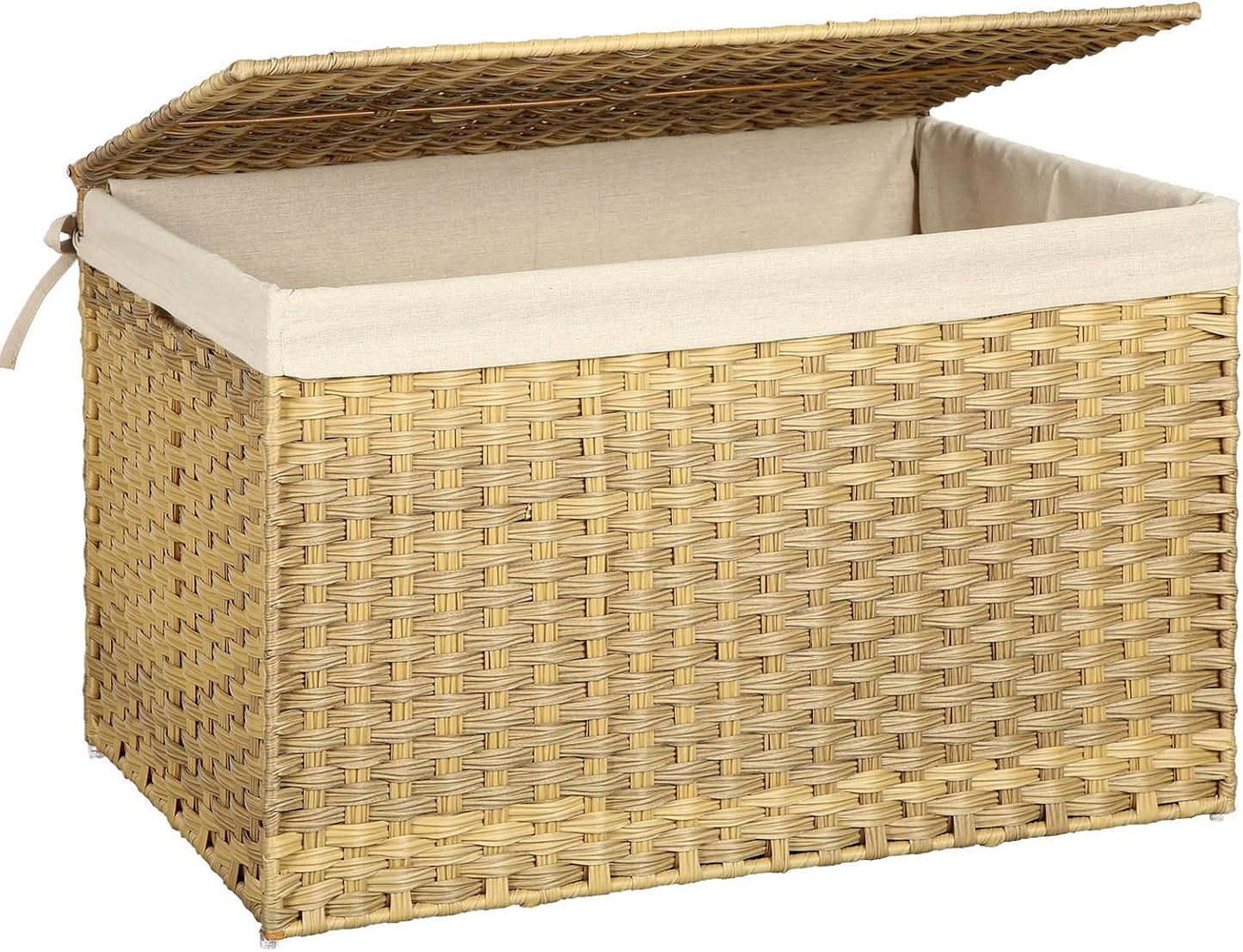 160L Storage Basket with Lid, Foldable Woven Laundry Hamper, Blanket Storage Bin with Removable Liner and Handles RST76 Series - with Goose Yellow / Cream White | Sold by Uncle Wiener's Wholesale