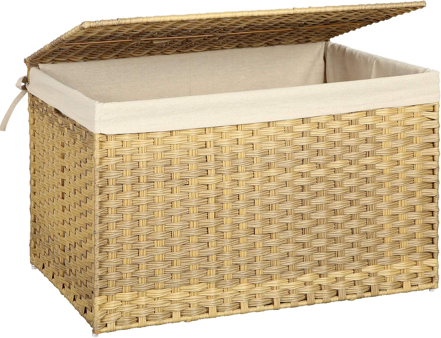 160L Storage Basket with Lid, Foldable Woven Laundry Hamper, Blanket Storage Bin with Removable Liner and Handles RST76 Series - with Goose Yellow / Cream White | Sold by Uncle Wiener's Wholesale