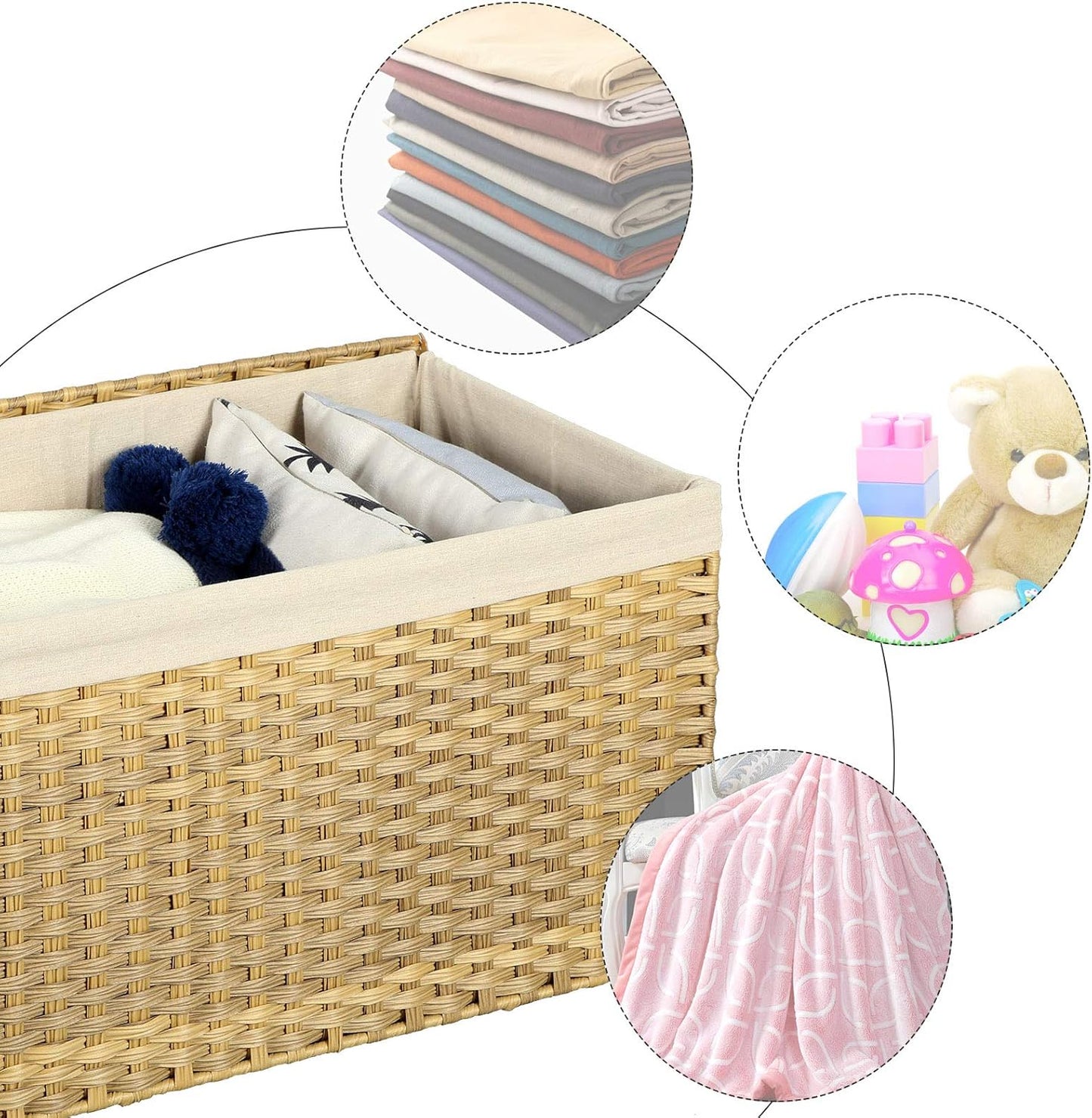 160L Storage Basket with Lid, Foldable Woven Laundry Hamper, Blanket Storage Bin with Removable Liner and Handles RST76 Series - with Goose Yellow / Cream White | Sold by Uncle Wiener's Wholesale