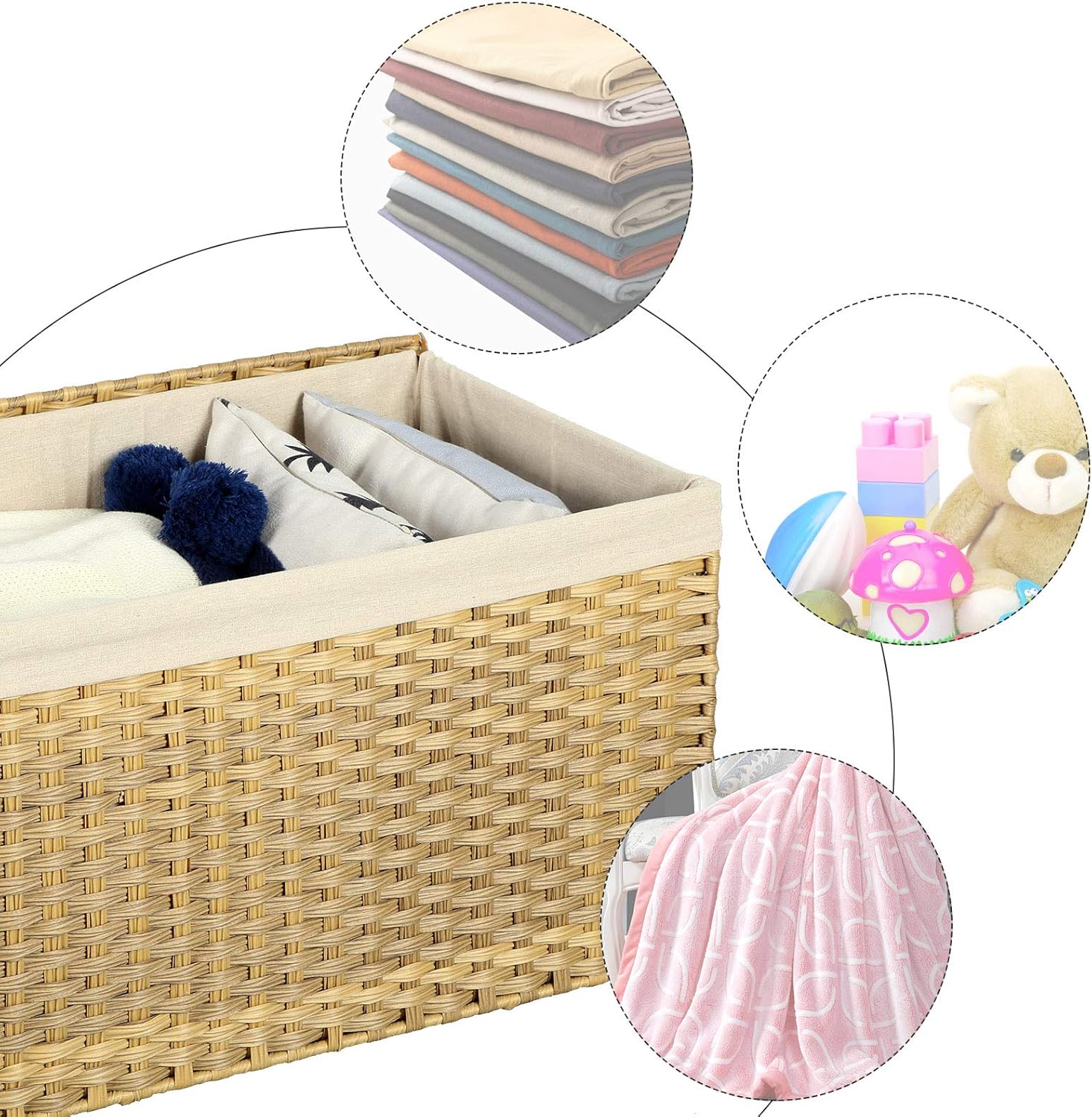 160L Storage Basket with Lid, Foldable Woven Laundry Hamper, Blanket Storage Bin with Removable Liner and Handles RST76 Series - with Goose Yellow / Cream White | Sold by Uncle Wiener's Wholesale