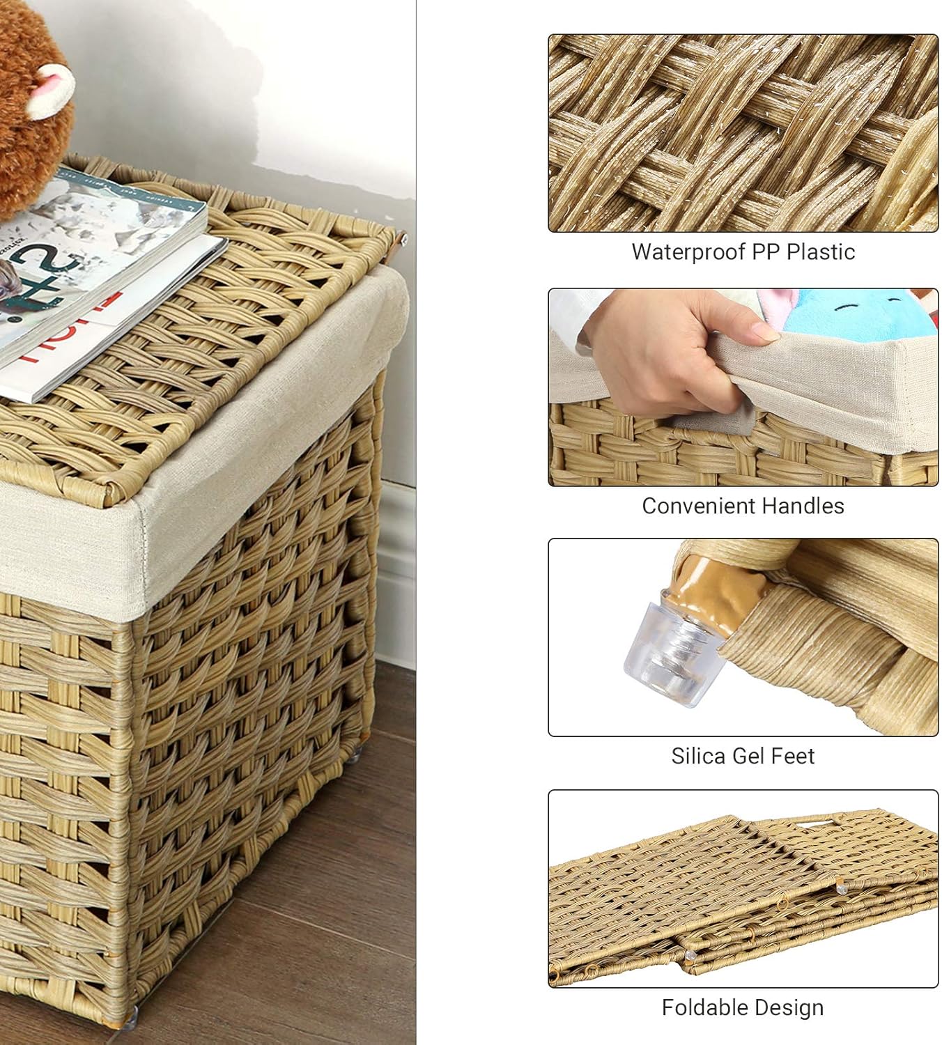160L Storage Basket with Lid, Foldable Woven Laundry Hamper, Blanket Storage Bin with Removable Liner and Handles RST76 Series - with Goose Yellow / Cream White | Sold by Uncle Wiener's Wholesale