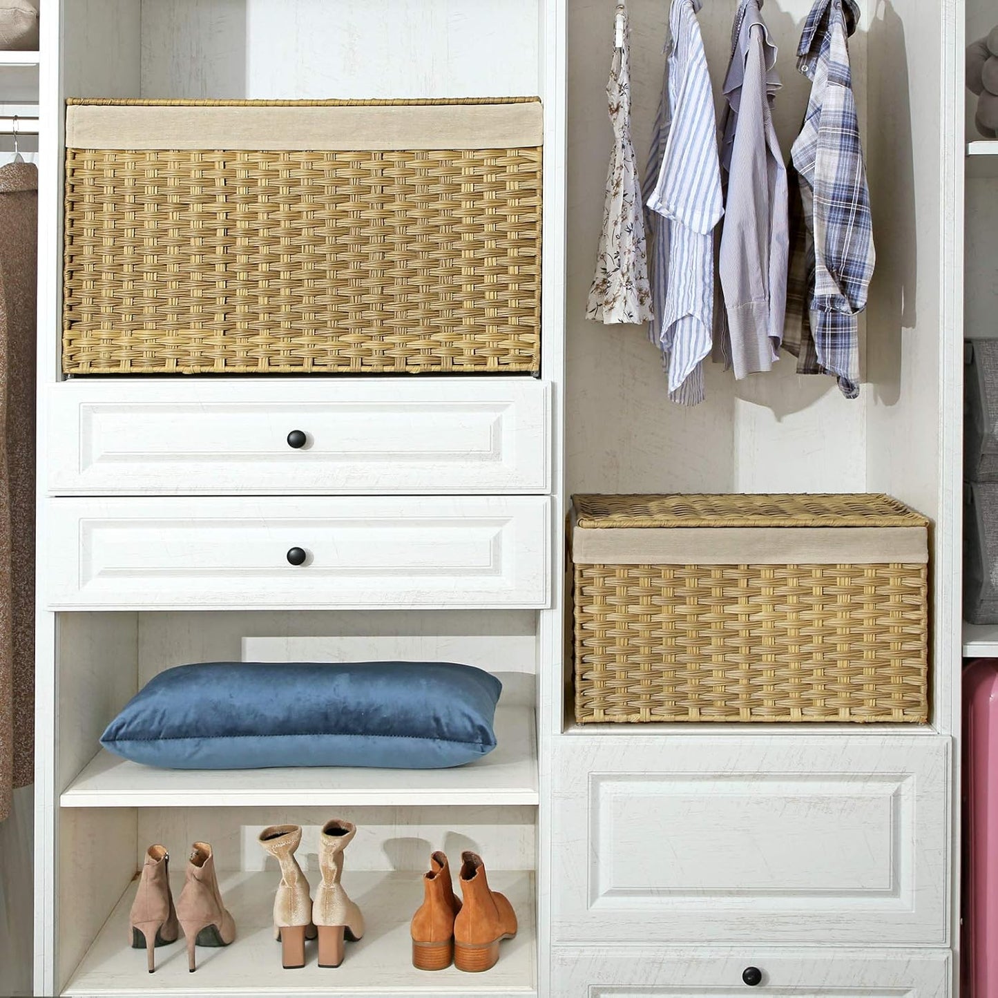 160L Storage Basket with Lid, Foldable Woven Laundry Hamper, Blanket Storage Bin with Removable Liner and Handles RST76 Series - with Goose Yellow / Cream White | Sold by Uncle Wiener's Wholesale