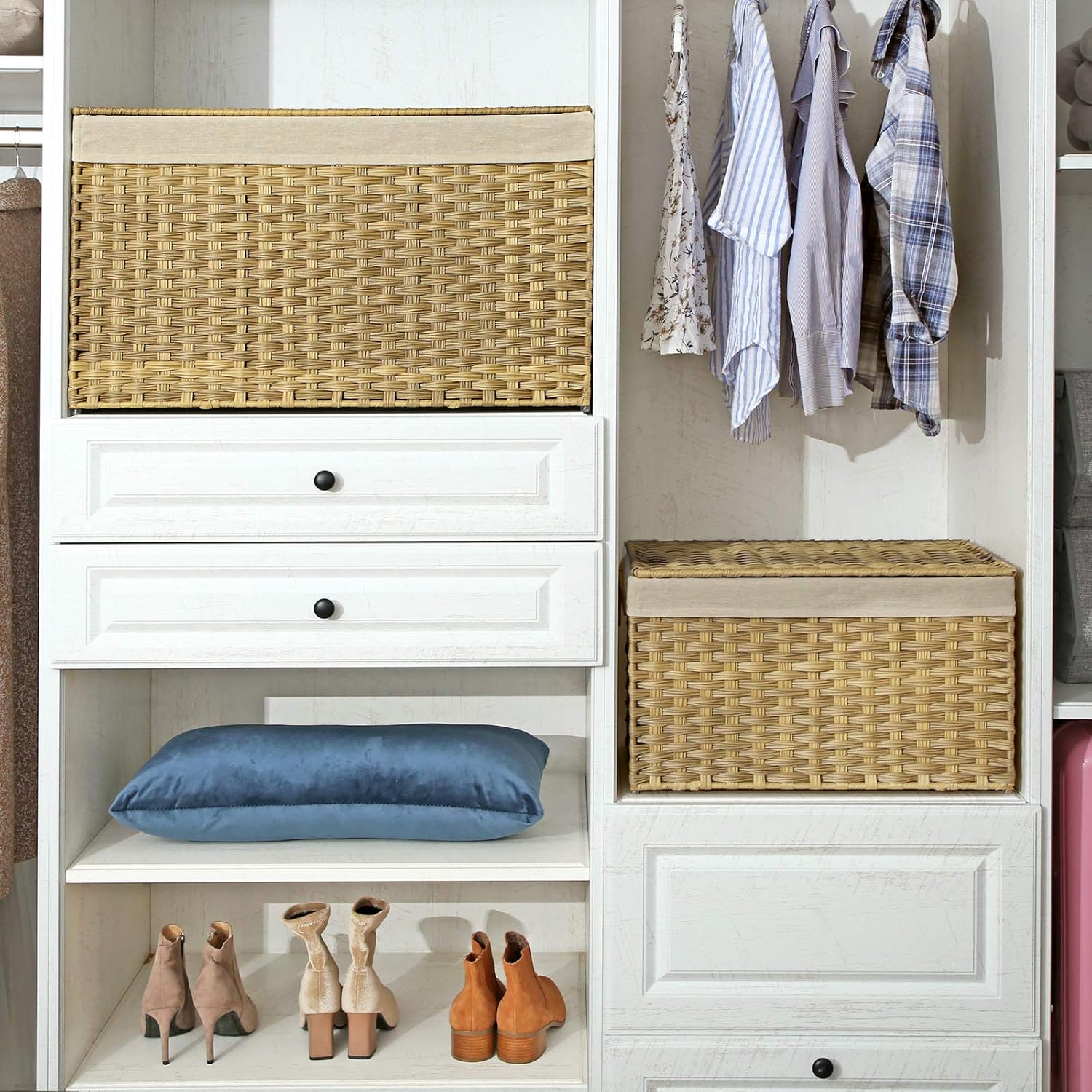 160L Storage Basket with Lid, Foldable Woven Laundry Hamper, Blanket Storage Bin with Removable Liner and Handles RST76 Series - with Goose Yellow / Cream White | Sold by Uncle Wiener's Wholesale