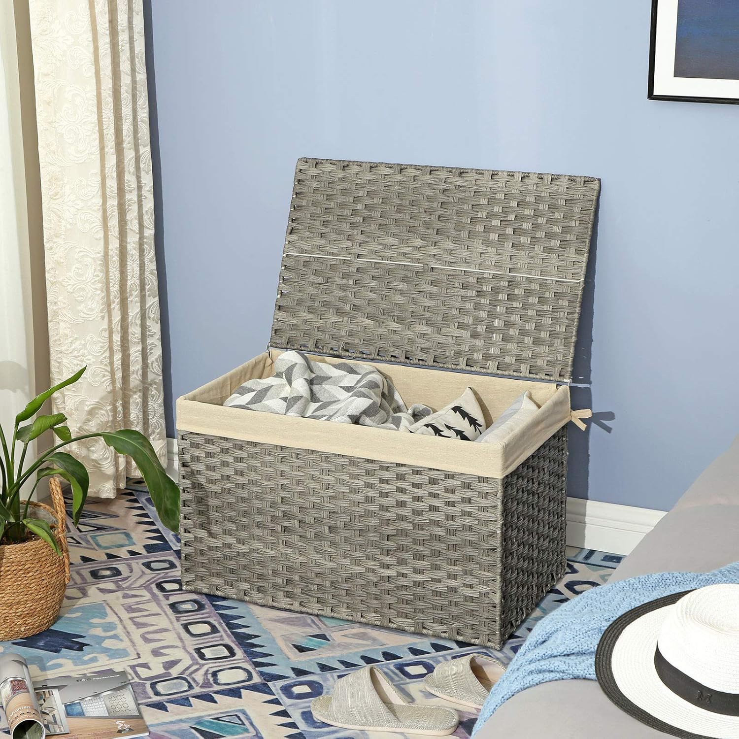 160L Storage Basket with Lid, Foldable Woven Laundry Hamper, Blanket Storage Bin with Removable Liner and Handles RST76 Series - with Dove Gray / Cream White | Sold by Uncle Wiener's Wholesale