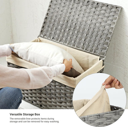 160L Storage Basket with Lid, Foldable Woven Laundry Hamper, Blanket Storage Bin with Removable Liner and Handles RST76 Series - with Dove Gray / Cream White | Sold by Uncle Wiener's Wholesale