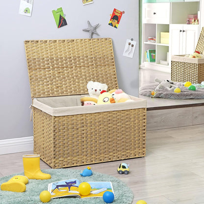 160L Storage Basket with Lid, Foldable Woven Laundry Hamper, Blanket Storage Bin with Removable Liner and Handles RST76 Series - with Goose Yellow / Cream White | Sold by Uncle Wiener's Wholesale