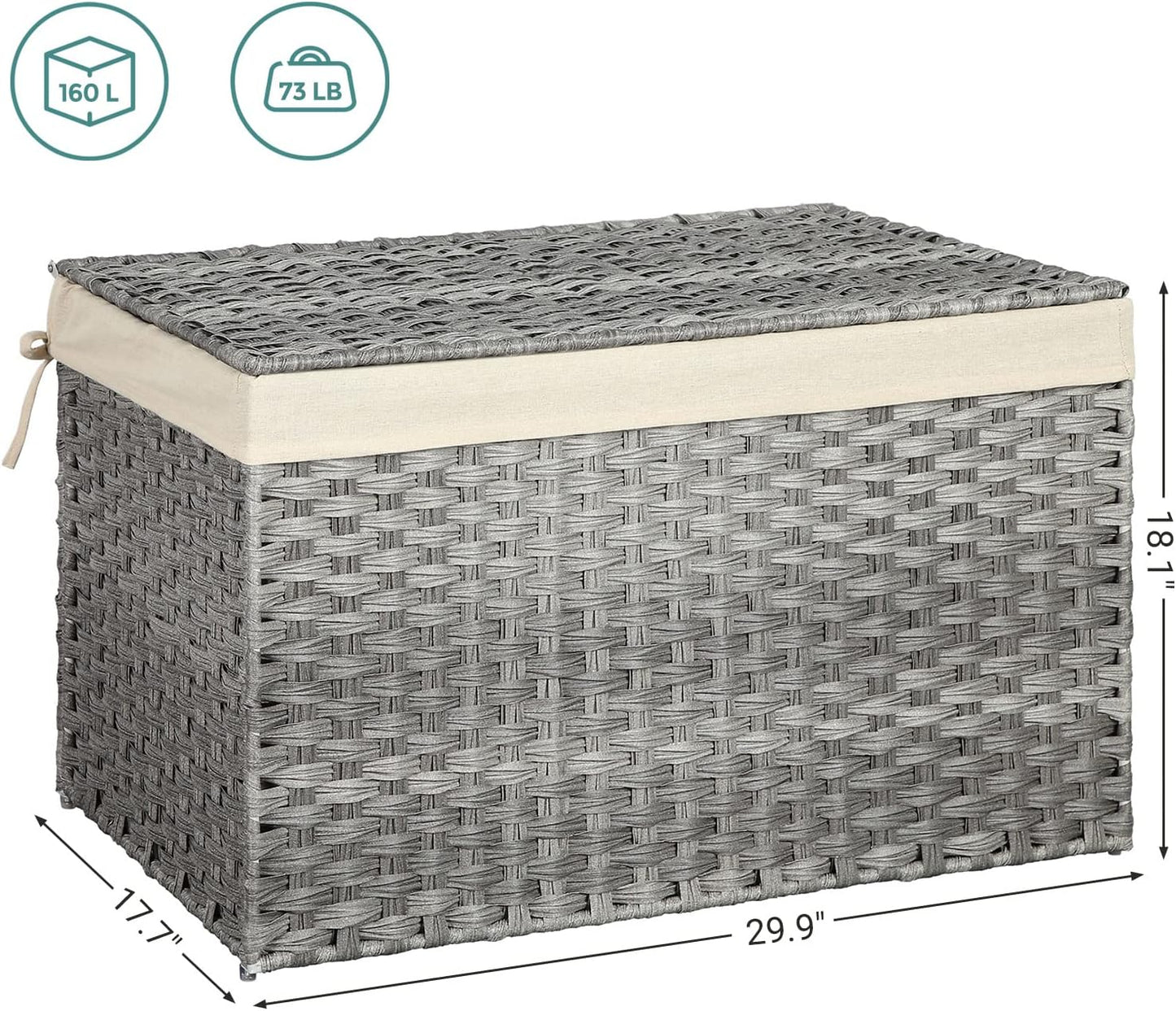 160L Storage Basket with Lid, Foldable Woven Laundry Hamper, Blanket Storage Bin with Removable Liner and Handles RST76 Series - with Dove Gray / Cream White | Sold by Uncle Wiener's Wholesale
