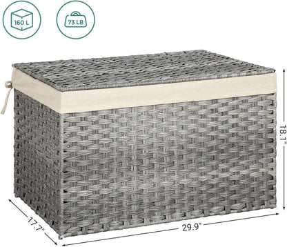 160L Storage Basket with Lid, Foldable Woven Laundry Hamper, Blanket Storage Bin with Removable Liner and Handles RST76 Series - with Dove Gray / Cream White | Sold by Uncle Wiener's Wholesale