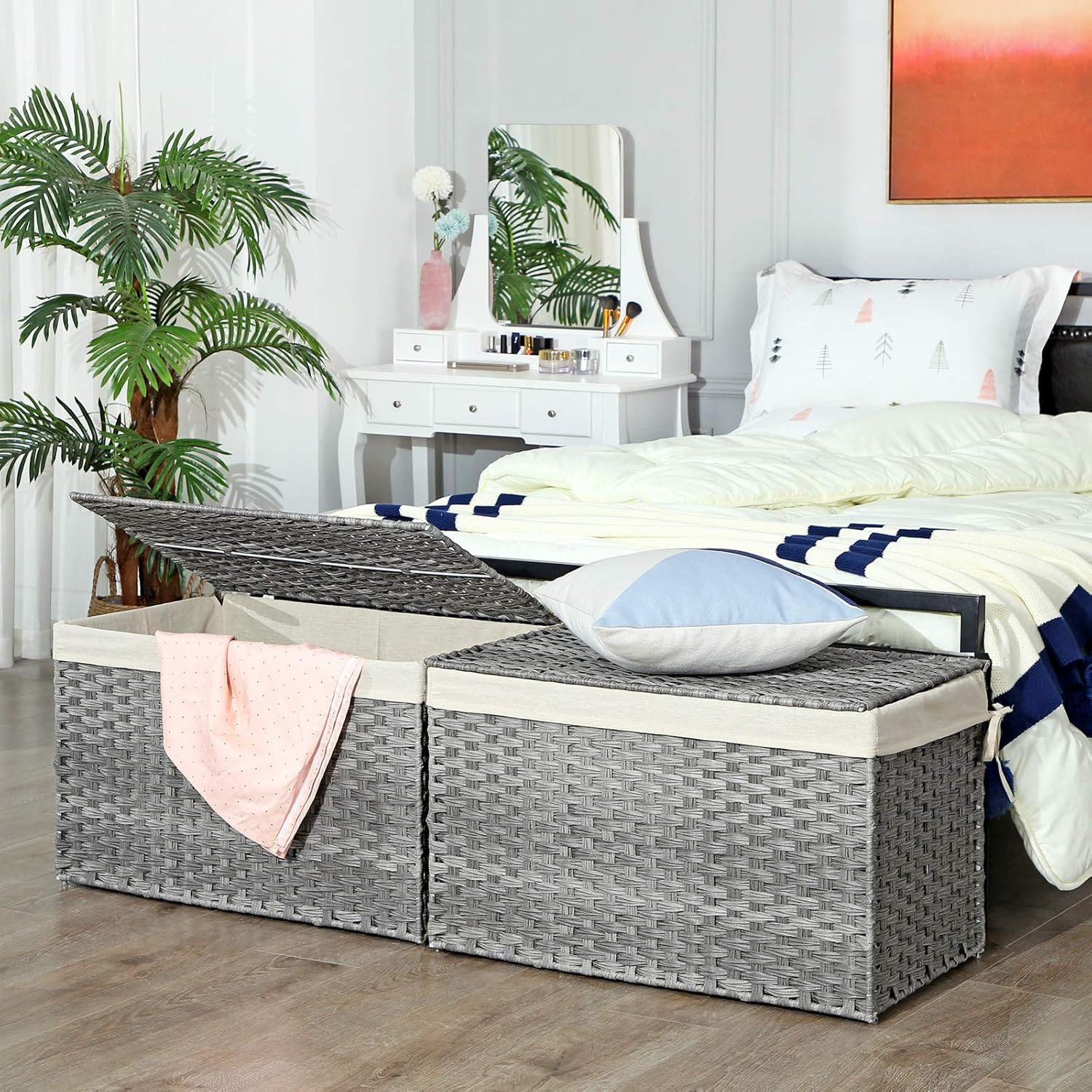 160L Storage Basket with Lid, Foldable Woven Laundry Hamper, Blanket Storage Bin with Removable Liner and Handles RST76 Series - with Dove Gray / Cream White | Sold by Uncle Wiener's Wholesale
