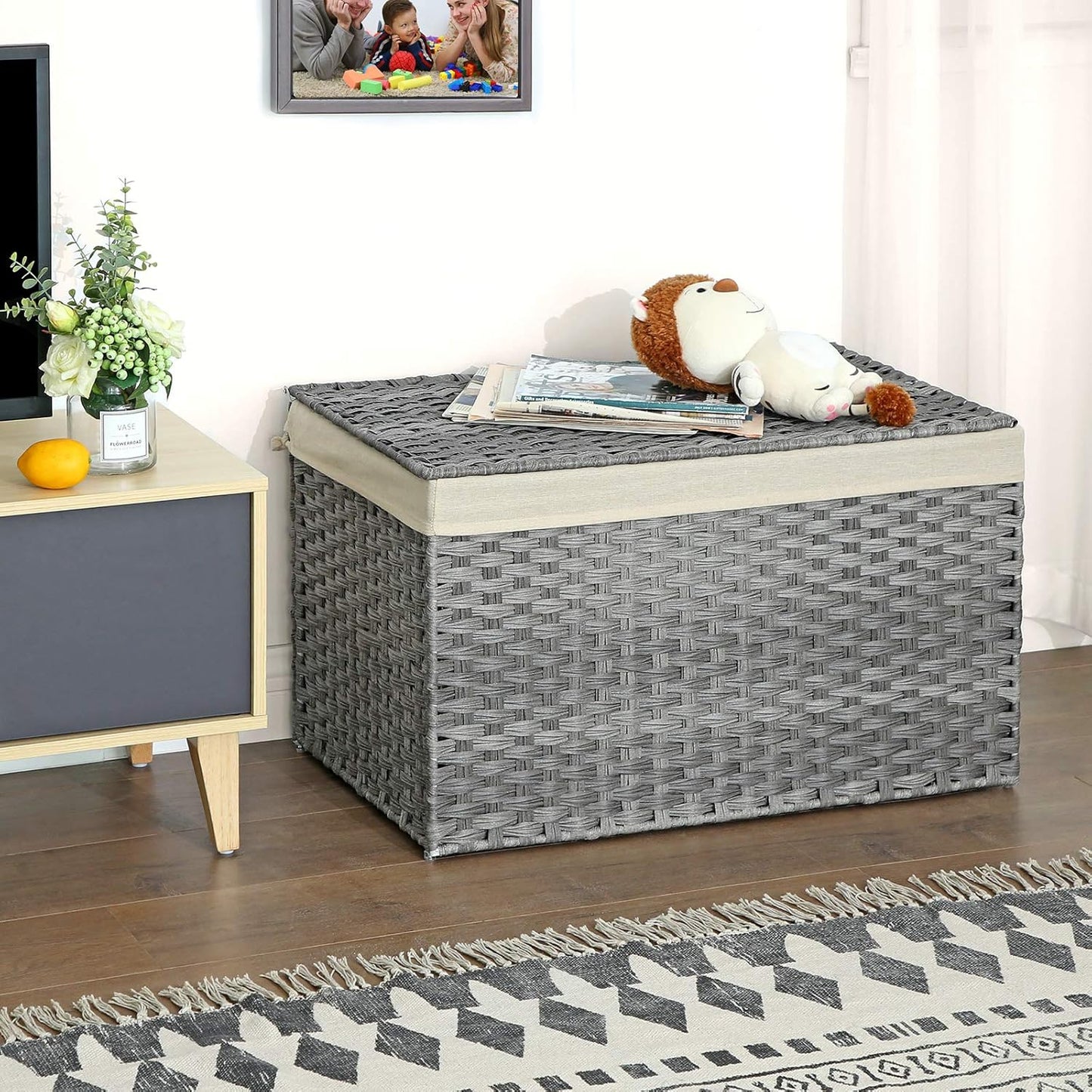 160L Storage Basket with Lid, Foldable Woven Laundry Hamper, Blanket Storage Bin with Removable Liner and Handles RST76 Series - with Dove Gray / Cream White | Sold by Uncle Wiener's Wholesale