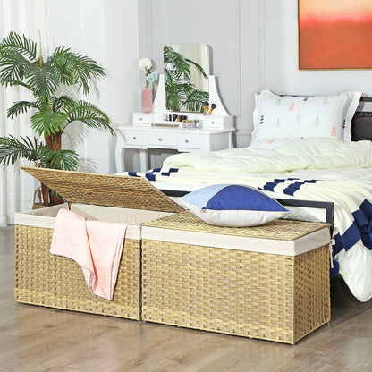 160L Storage Basket with Lid, Foldable Woven Laundry Hamper, Blanket Storage Bin with Removable Liner and Handles RST76 Series - with Goose Yellow / Cream White | Sold by Uncle Wiener's Wholesale