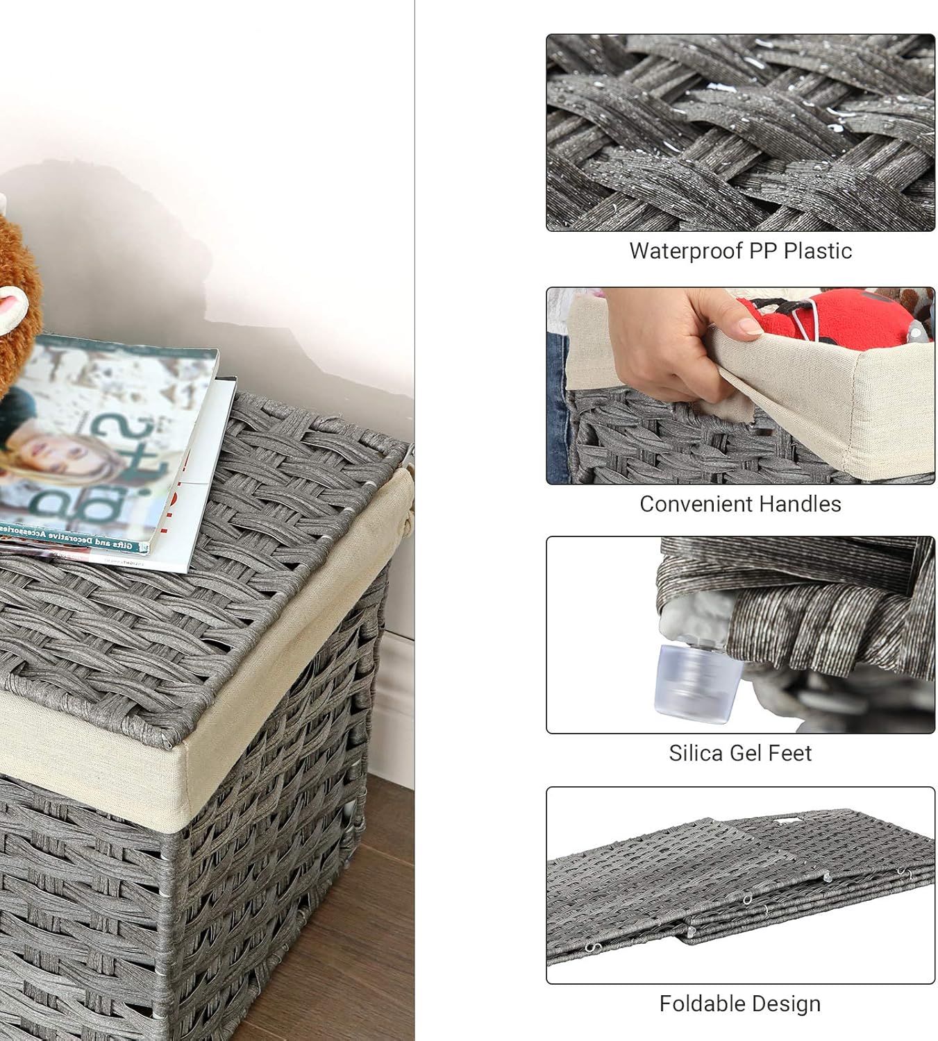 160L Storage Basket with Lid, Foldable Woven Laundry Hamper, Blanket Storage Bin with Removable Liner and Handles RST76 Series - with Dove Gray / Cream White | Sold by Uncle Wiener's Wholesale