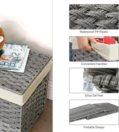 160L Storage Basket with Lid, Foldable Woven Laundry Hamper, Blanket Storage Bin with Removable Liner and Handles RST76 Series - with Dove Gray / Cream White | Sold by Uncle Wiener's Wholesale