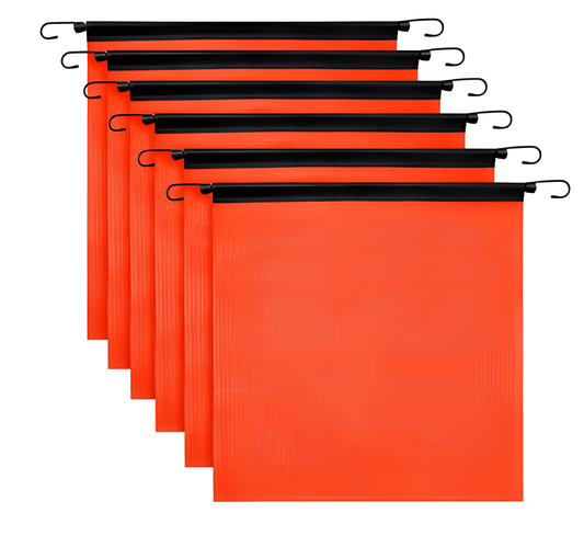 18 x 18 Inch Oversize Safety Flag Set – 6 Pack Bright Orange Mesh Warning Flags with Bungee Cord &amp; EZ Hook for Trailers and Pilot Cars SF18186 - with | Sold by Uncle Wiener's Wholesale