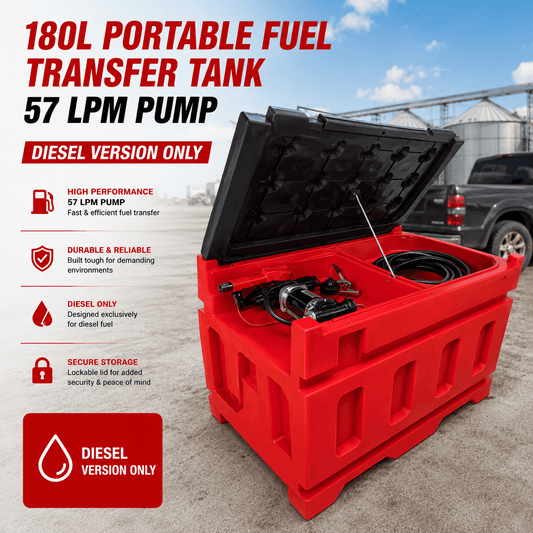 180L Fuel Transfer Tank – 57 LPM Pump, Diesel & Gas Options Available - General Equipment with 180L DIESEL VERSION ONLY | Sold by Uncle Wiener's Wholesale