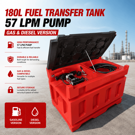 180L Fuel Transfer Tank – 57 LPM Pump, Diesel & Gas Options Available - General Equipment with 180L GAS & DIESEL VERSION | Sold by Uncle Wiener's Wholesale