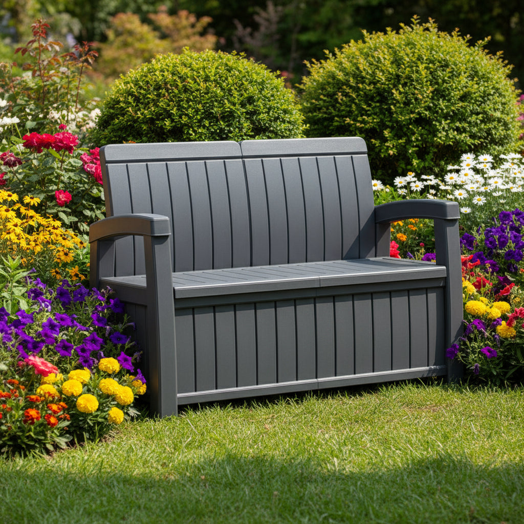 185 L Outdoor Patio Storage Bench – Gray Resin Deck Box Seat (600 lb Capacity) - with | Sold by Uncle Wiener's Wholesale