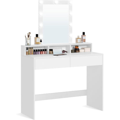 Vanity Desk with Lighted Mirror, 9 Dimmable LED Bulbs, 2 Drawers, 3 Storage Compartments and Makeup Table White RDT164W02
