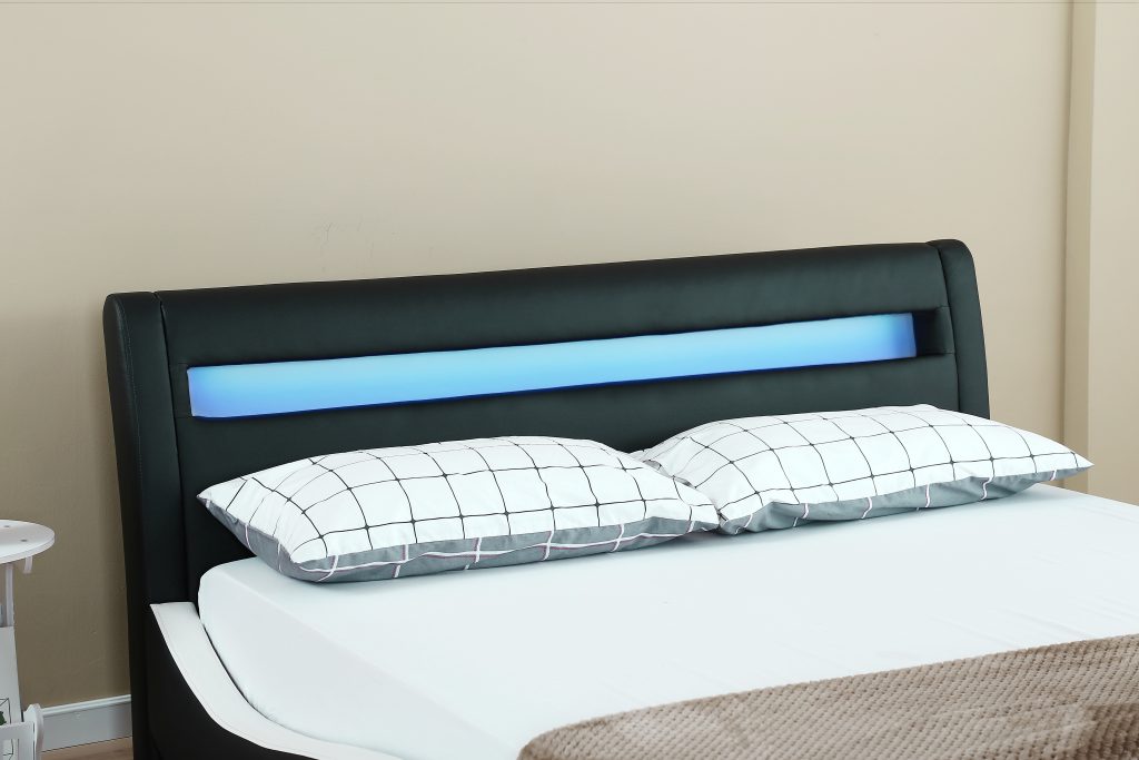 Modern Bonded Leather LED Bed Frame – Black Upholstered Platform Bed with RGB Lighted Headboard