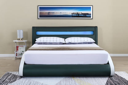 Modern Bonded Leather LED Bed Frame – Black Upholstered Platform Bed with RGB Lighted Headboard