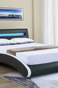 Modern Bonded Leather LED Bed Frame – Black Upholstered Platform Bed with RGB Lighted Headboard