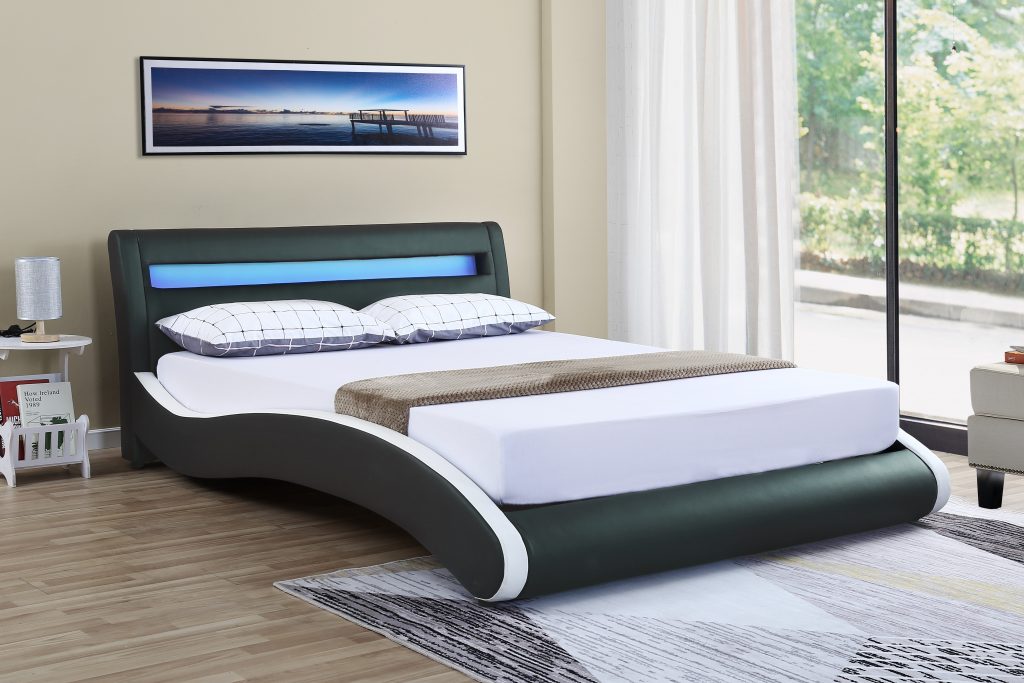 Modern Bonded Leather LED Bed Frame – Black Upholstered Platform Bed with RGB Lighted Headboard