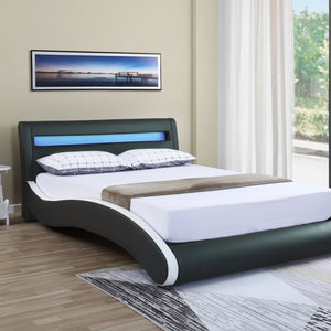 Modern Bonded Leather LED Bed Frame – Upholstered Platform Bed with Lighted Headboard