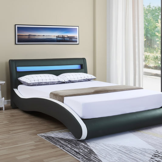 Modern Bonded Leather LED Bed Frame – Black Upholstered Platform Bed with RGB Lighted Headboard