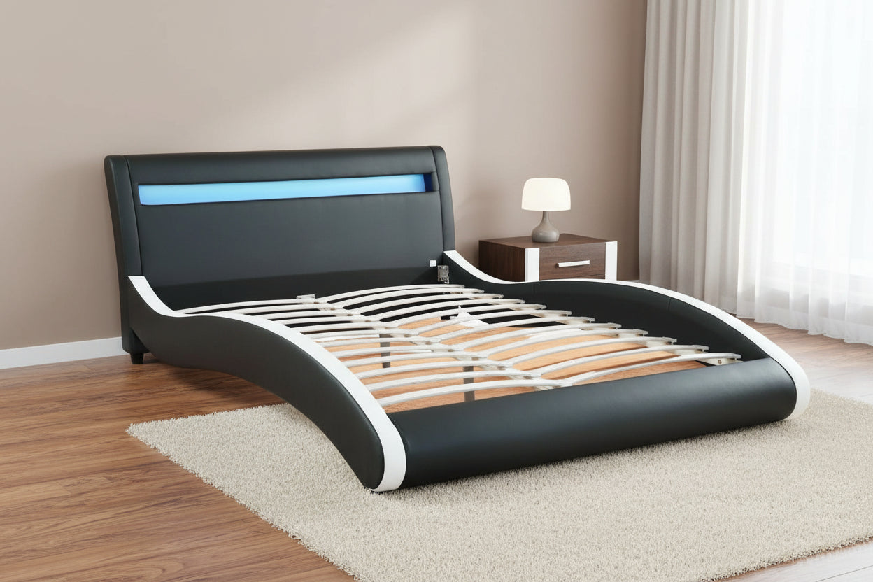 Modern Bonded Leather LED Bed Frame – Black Upholstered Platform Bed with RGB Lighted Headboard