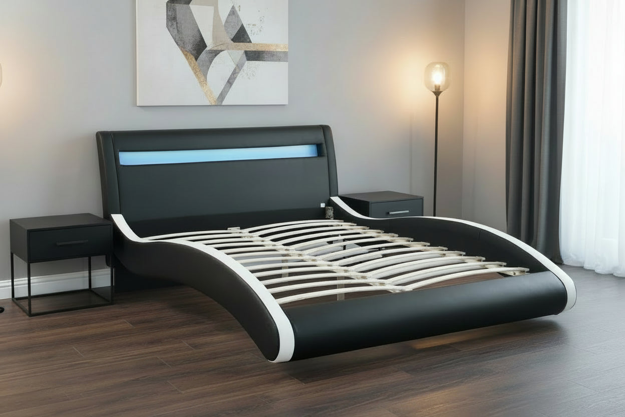 Modern Bonded Leather LED Bed Frame – Black Upholstered Platform Bed with RGB Lighted Headboard