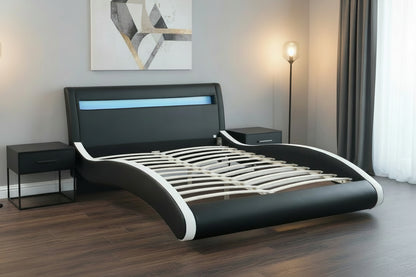 Modern Bonded Leather LED Bed Frame – Black Upholstered Platform Bed with RGB Lighted Headboard