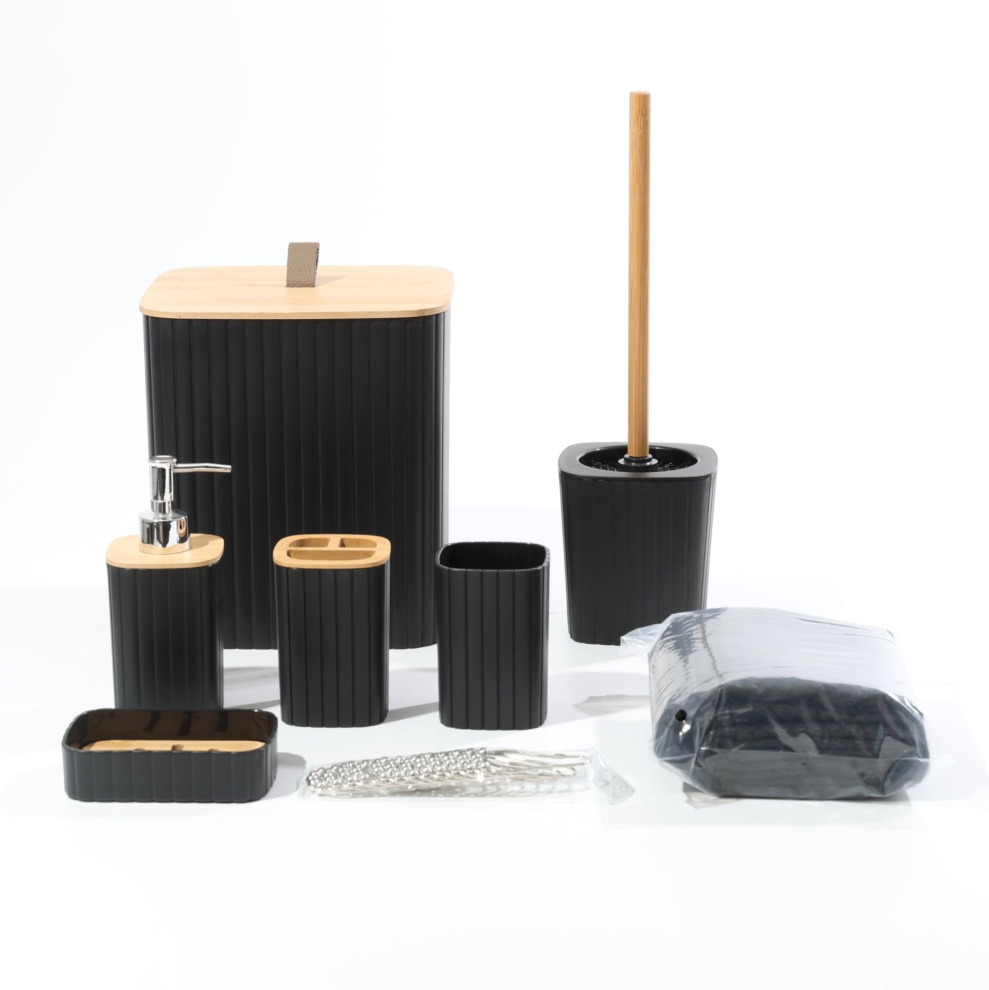 19pc Bathroom Accessory Set Black Shower Curtain Trash Can Soap Dispenser Complete Kit BC19B - with | Sold by Uncle Wiener's Wholesale