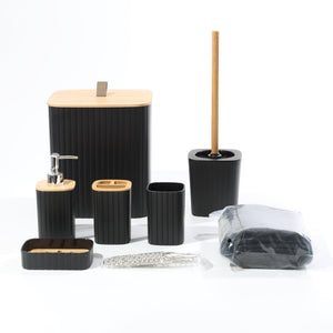 19pc Bathroom Accessory Set Black Shower Curtain Trash Can Soap Dispenser Complete Kit BC19B