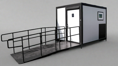 7-foot ADA-compliant portable restroom with ramp in outdoor setting
Inside view of wheelchair-accessible bathroom interior
Front door of handicap bathroom unit with ramp
Washbasin and toilet setup in ADA portable unit
Side view of accessible bathroom setup