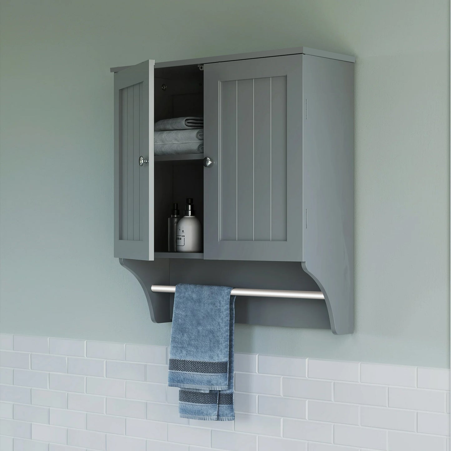 2 Door Bathroom Medicine Cabinet Wall Mounted Storage with Towel Bar White / Grey