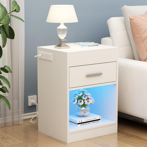 Smart Night Stand Bedside Table with Charging Station LED Lights and Lock White / Black BT034W