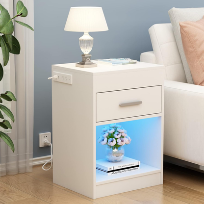 Smart Night Stand Bedside Table with Charging Station LED Lights and Lock White / Black BT034W