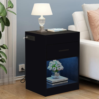 Smart Night Stand Bedside Table with Charging Station LED Lights and Lock White / Black BT034W