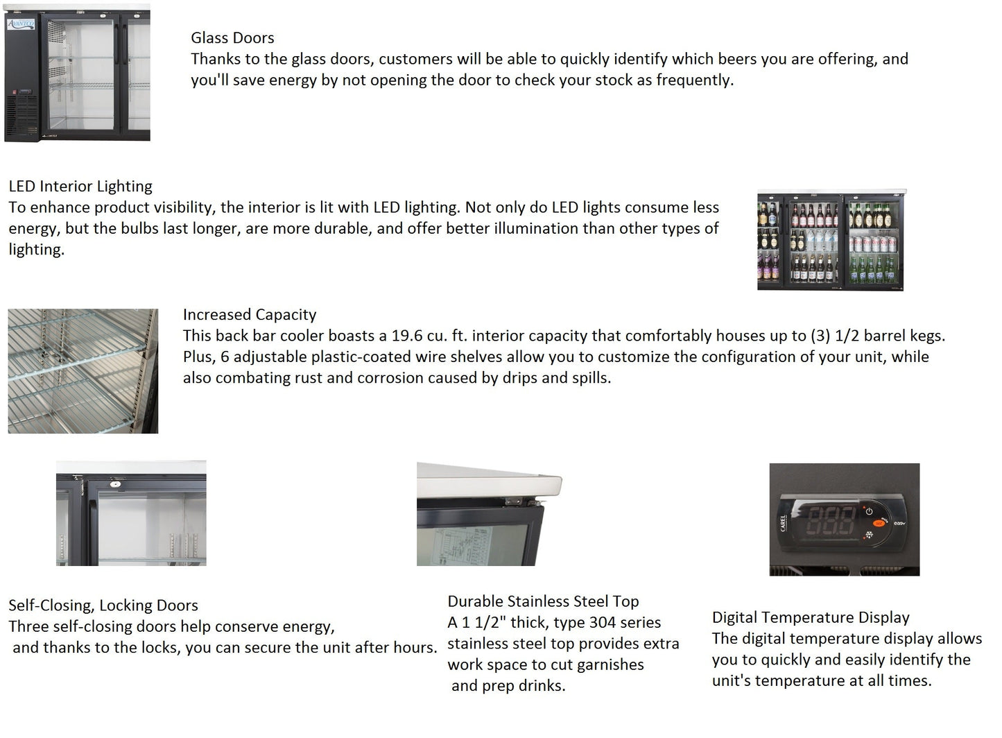 Sieble 72″ Glass Door Back Bar Cooler – Stainless Steel Top, LED Lighting, Holds 3 Kegs, 24″ Depth, Commercial Beverage Refrigerator