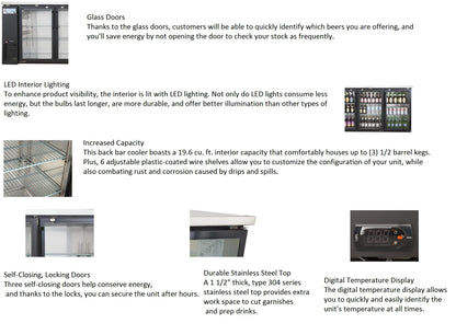 Sieble 72″ Glass Door Back Bar Cooler – Stainless Steel Top, LED Lighting, Holds 3 Kegs, 24″ Depth, Commercial Beverage Refrigerator