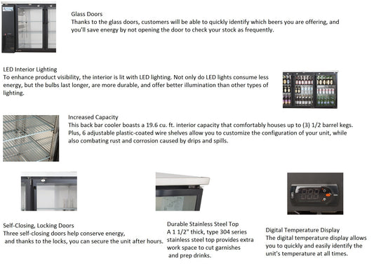 Sieble 72″ Glass Door Back Bar Cooler – Stainless Steel Top, LED Lighting, Commercial Beverage Refrigerator