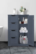 Gray 4-drawer floor cabinet with adjustable shelf
White MDF bathroom storage cabinet
Side view of modern drawer cabinet
Floor cabinet with 4 drawers and 1 door
Compact utility cabinet for kitchen or bath