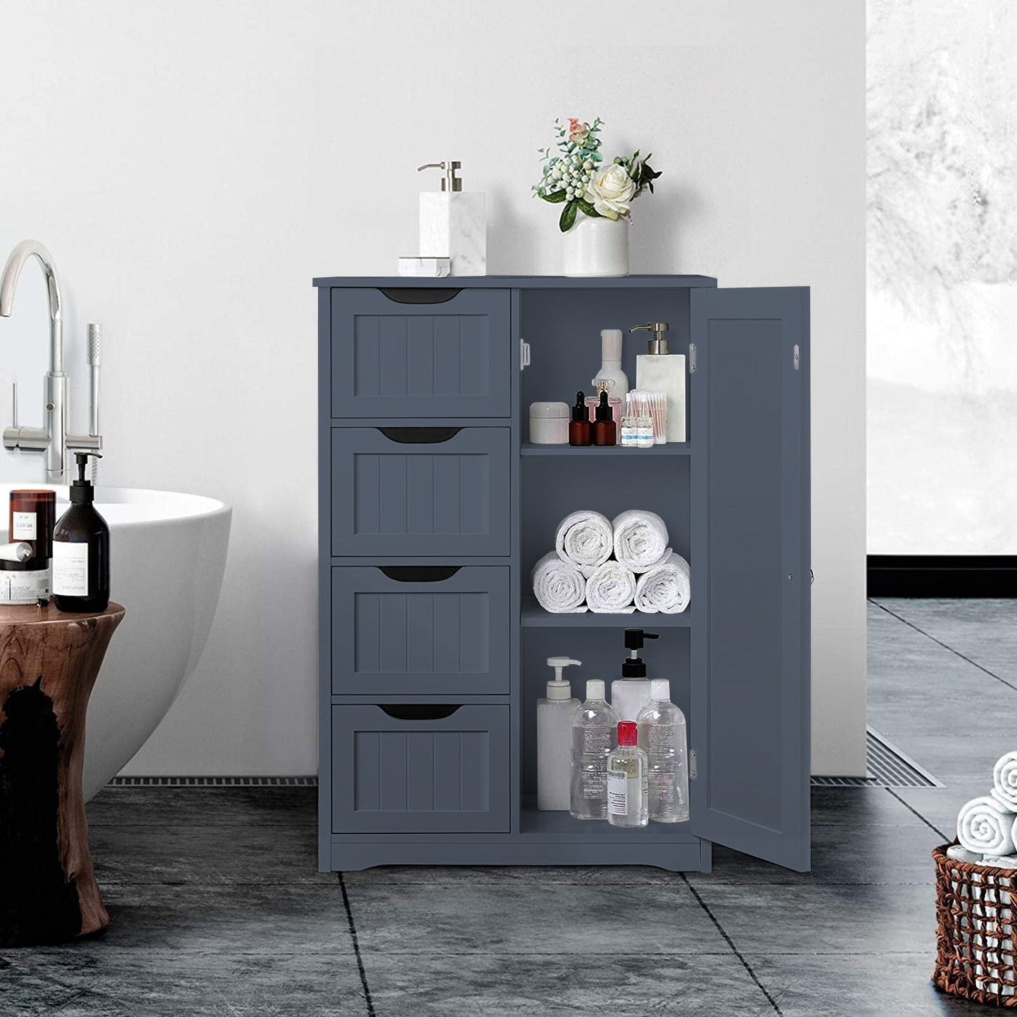 Gray 4-drawer floor cabinet with adjustable shelf
White MDF bathroom storage cabinet
Side view of modern drawer cabinet
Floor cabinet with 4 drawers and 1 door
Compact utility cabinet for kitchen or bath